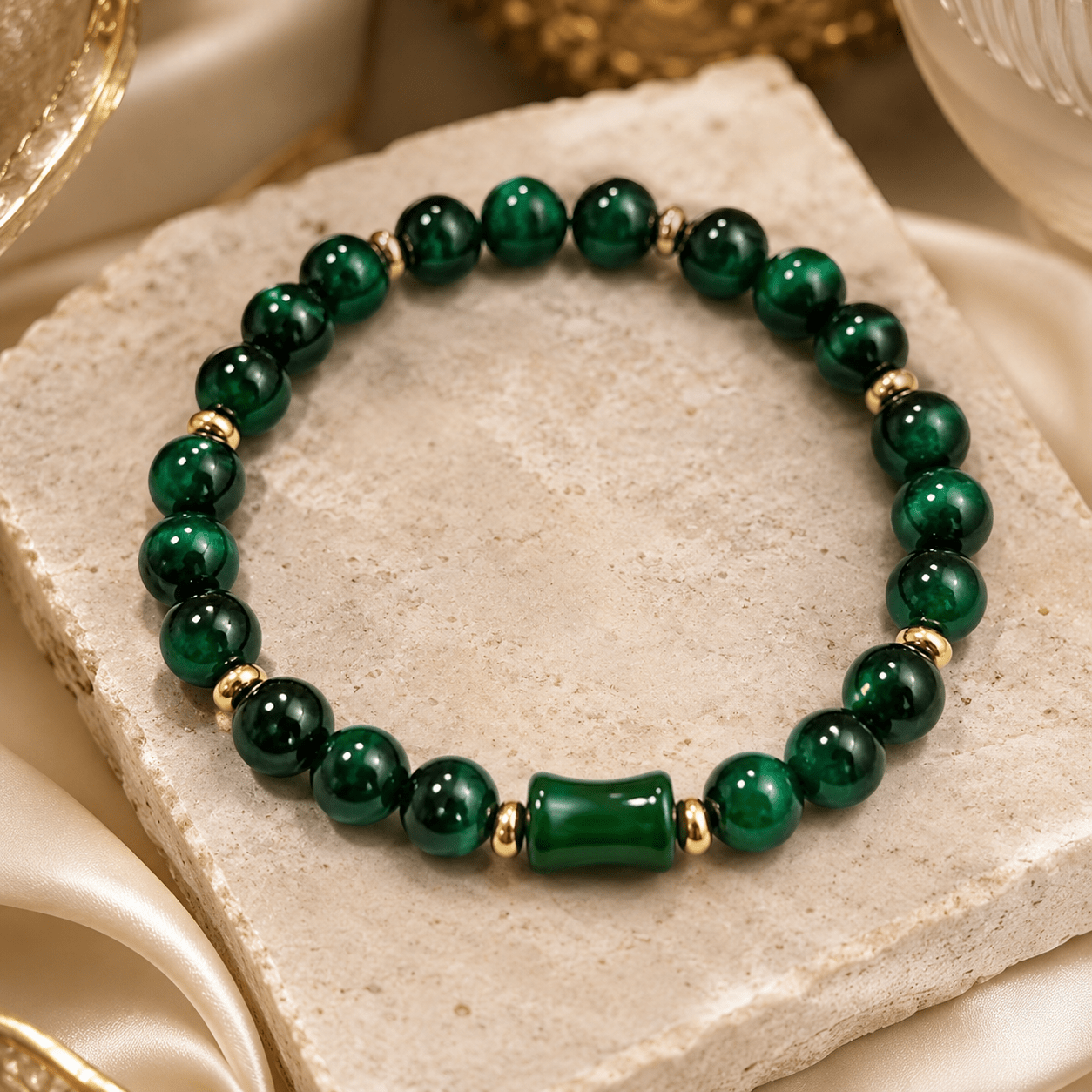 Unisex Dark Green Bamboo Bead Bracelet